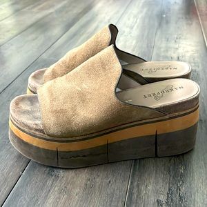 Suede Naked Feet (aka OTBT) platform Slides.